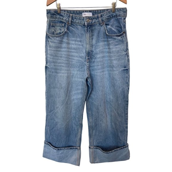 Zara Jeans Zara High Waisted Wide Leg Cuffed Boyfriend Jeans Medium
